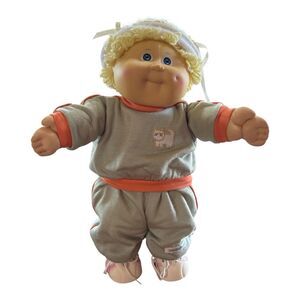 1985 Cabbage Patch Kid Doll Blonde Short Hair Blue Eyes Sporty Kitty Sweatsuit